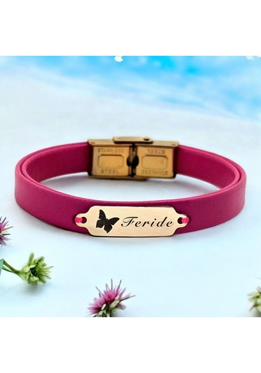 Archin Feride İsmine Özel Kelebek Figürlü 14 Ayar Altın Plakalı Doğal Pembe Derili Hediye Bileklik-651isim Feride