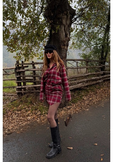 Kırmızı Ekose Gömlek Elbise - 4989 Kırmızı