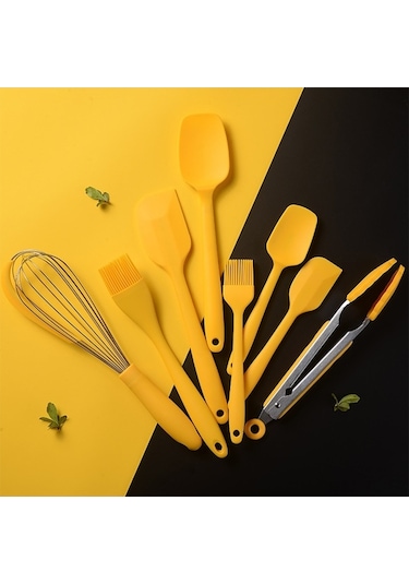 8 Parça Silikon Pastane Alet Seti + Depolama Kova - Fırın Ve Pastacılık Gereçleri, -40 C/+230 C Isı Dayanımı Sarı Sarı