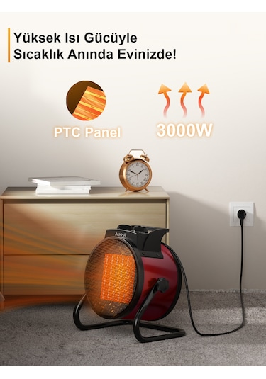 Auhma At1h Elektrikli Isıtıcı Fan Kırmızı 3000w Hızlı Isınma, 3 Kademeli Ayar, Sessiz Ptc Isıtma T