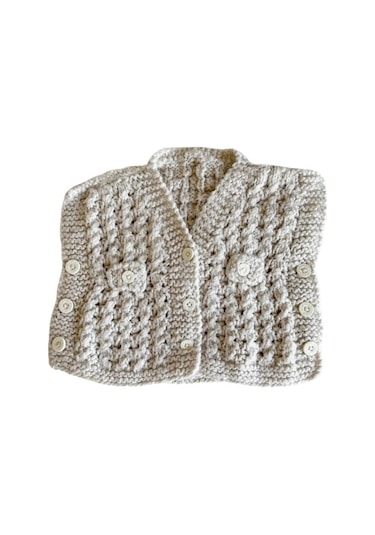 El Örgü Bej Sıfır Kollu Bebek Yelek Krem