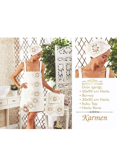 Karmen Krem Kadın Fransız Dantelli Balayı Çeyizlik Bornoz Set