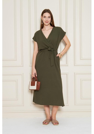 Kadın Kruvaze Yaka Cepli Derin Yırtmaçlı Beli Lastikli Aerobin Günlük Yazlık Elbise 3764341 Haki