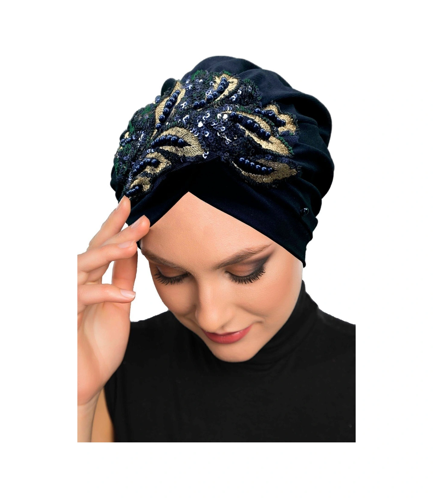 Kopma Astarlı Işlemeli Lacivert Payetli Yaprak Motifli Hazır Türban Tesettür Abiye Bone Lacivert Yaprak