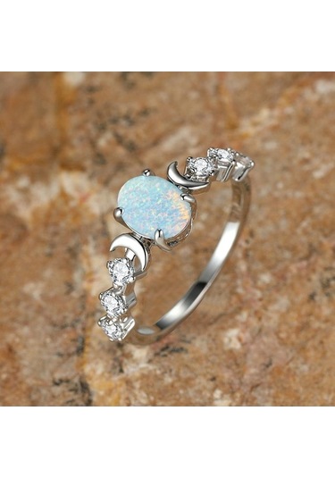 Dancemonkey Yüzük Retro Oval Opal Nişan Küçük Kadın Alyansı Beyaz&mavi Ay Desenli 6 Jg Şık Zarif Takı Modelleri Çok Renkli