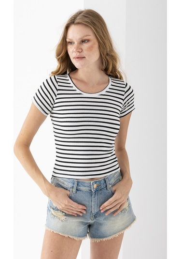 Giysa Kadın Bisiklet Yaka Çizgili Basic Body Siyah - 25509 Siyah