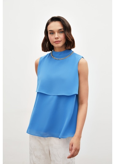 Sateen Aksesuar Detaylı Volanlı Bluz - Mavi