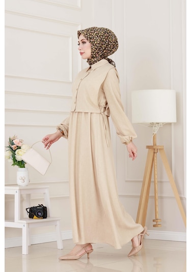 Yanları Bağlamalı Elbiseli Takım-bej-5022 Bej