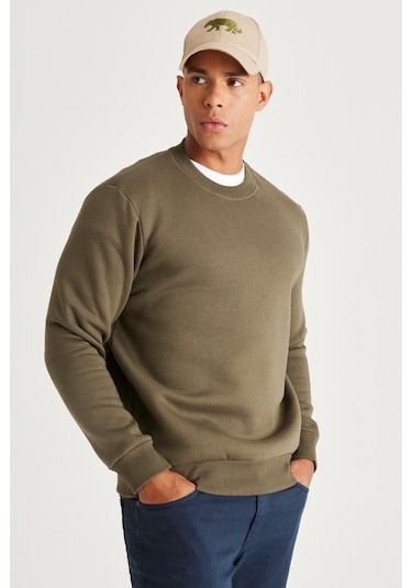 AC&Co / Altınyıldız Classics Erkek Hakı Standart Fit Normal Kesim İçi Polarlı Bisiklet Yaka Sweatshirt Haki