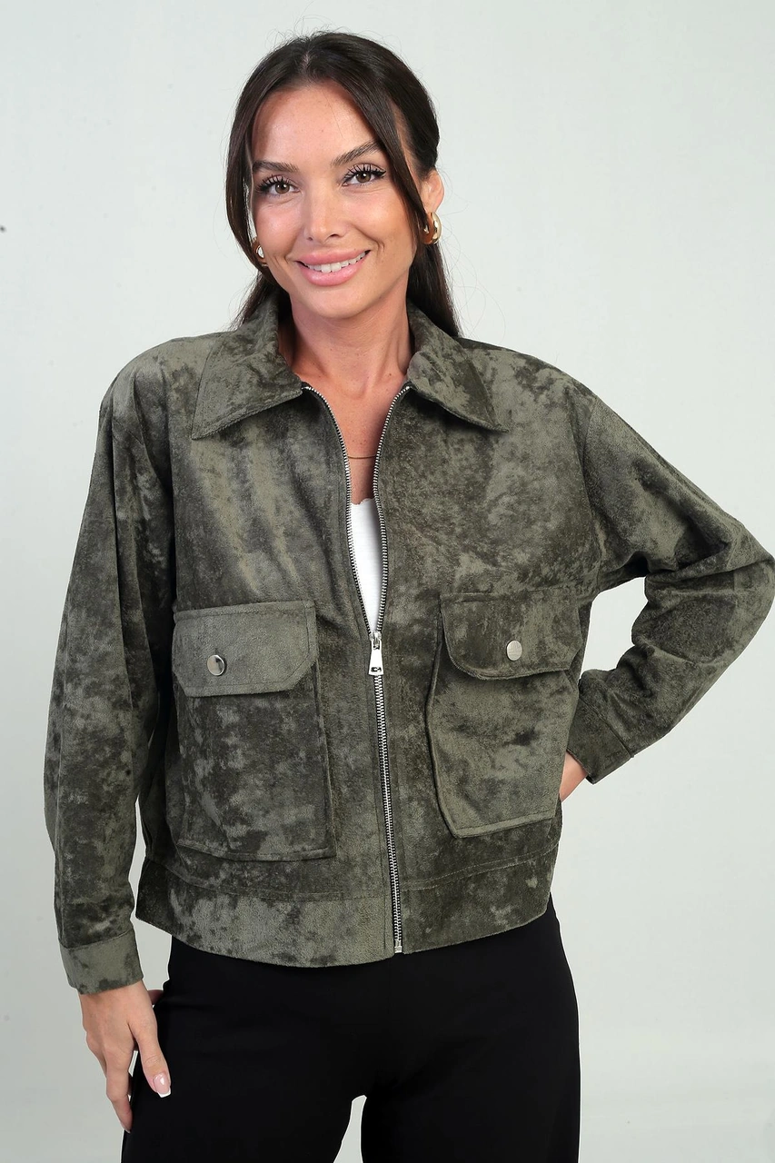 Kadın Torba Cepli Önü Fermuarlı Süet Mont-41927 Haki