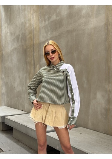 Kadın Özel Tasarım Yaka Koldan Giymeli Düğmeli Çizgi Garnili Crop Boy Tesettüre Uygun Bluz Gömlek Haki