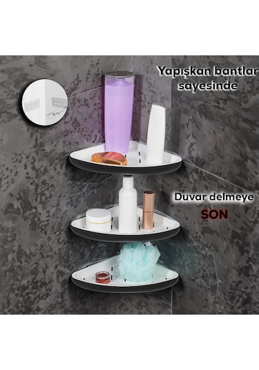 Porsima 0447 3'lü İstiridye Banyo Köşe Rafı Yapışkanlı Raf Siyah
