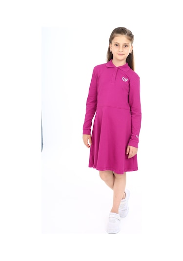 Toontoy Kız Çocuk Polo Yaka Çıtçıtlı Göğsü Baskılı Elbise Mürdüm