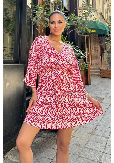 Kadın Kırmızı Etnik Desenli Viskon, Yarasa Kol, Kruvaze Mini Kimono - Kloş Kısa Elbise Kırmızı