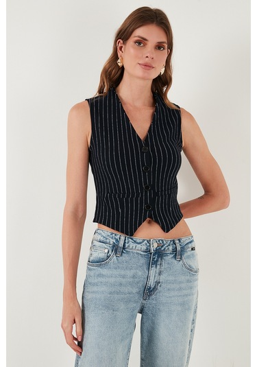 Lela Streç Fitted Fit V Yaka Düğmeli Bayan Yelek 5865971 Lacivert-Beyaz