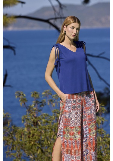 Monamise Kadın Etnik Desenli Yırtmaçlı V Yaka Askılı Alt Üst Takım 25029 Saks