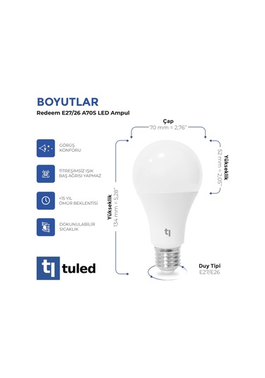 Redeem A70s E27 Led Ampul, Titreşimsiz, Göz Konforu, 1028 Lümen, Sıcak Beyaz, 2700 Kelvin