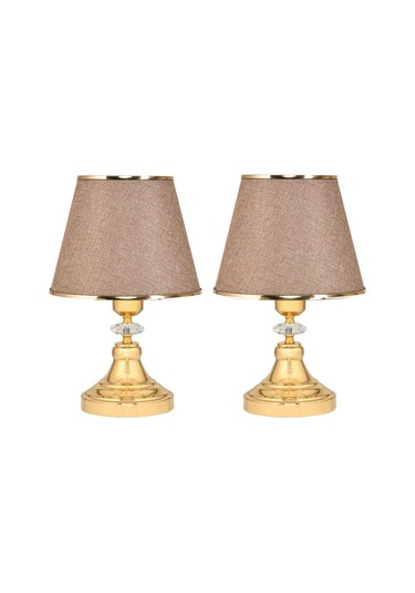 Art Deco Tarz Kristal Taş Süslü Metal Ayak Ve Gold Şeritli Kumbeji Başlık 2'li Abajur Seti İki Adet Kum Beji