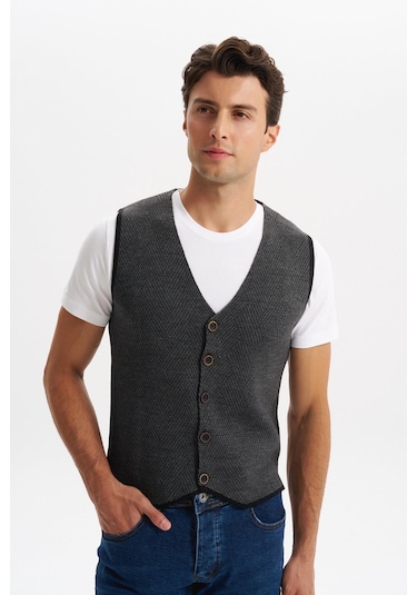 Arma Erkek Slim Fit Örme Likralı Pike Triko Yelek Kısa Kollu, %90 Akrilik %10 Wool K0yyo0858 Siyah