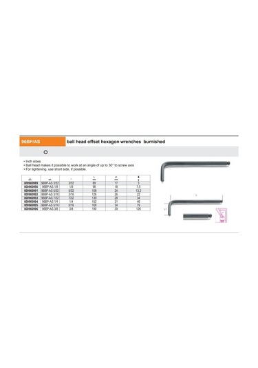 Beta 96bp/as 3/32" Yuvarlak Bombe Top Başlı Uzun Allen Anahtar Inch