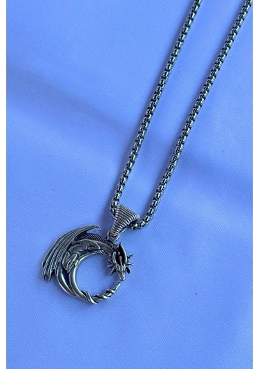 Kanatlı Ejderha El İşçiliği Paslanmaz Çelik Zincir Erkek Kolye Gümüş