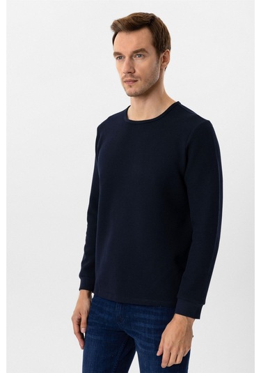 Lacivert Slim Fit Armürlü Bisiklet Yaka Triko Kazak-36350 Lacivert