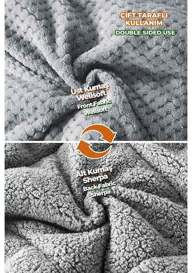 Ultra Yumuşak Çift Taraflı Wellsoft Peluş Yorgan Çift Kişilik Yıkanabilir 200x220 Cm Gri Gri
