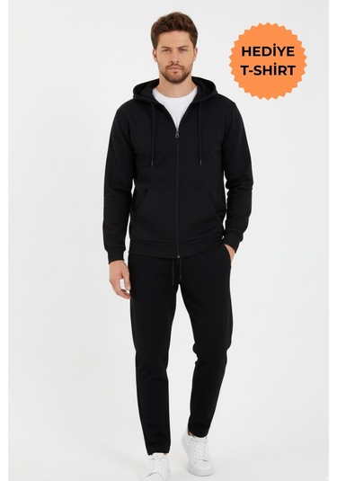 Siyah Kapüşonlu Regular Fit Hırka Düz Paça Erkek Eşofman Takımı 3861 Siyah