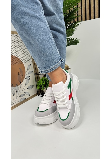 Günlük Kadın Sneaker Kalın Yüksek Taban Bağcıklı Rahat Tiger Şeritli Spor Ayakkabı 032 08-taş Yeşil Kırmızı