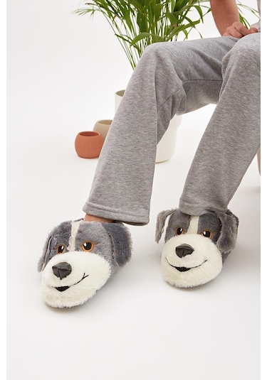 Gri Hayvanlı Sessiz Taban Panduf Sevimli Köpek Figürlü Peluş Ev Ayakkabısı Gri