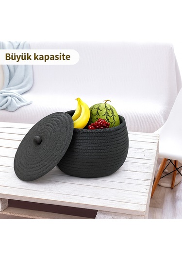 Mutfak, Banyo Ve Ev İçin Halat Hasır Sepet 17x21 Cm Kapaklı Saklama Sepeti Honeypot Antrasit