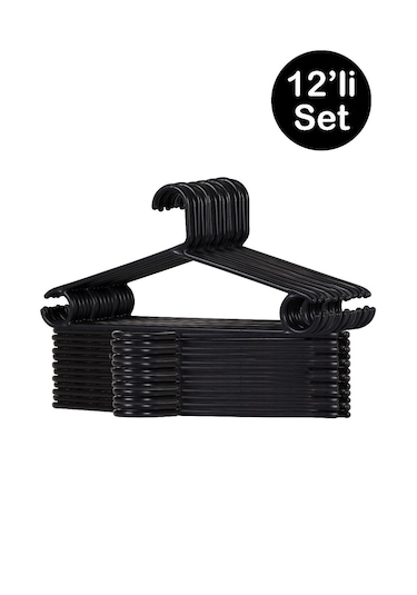 12 Adet Plastik Siyah Kıyafet Elbise Askısı Askılığı Gömlek Askı Siyah