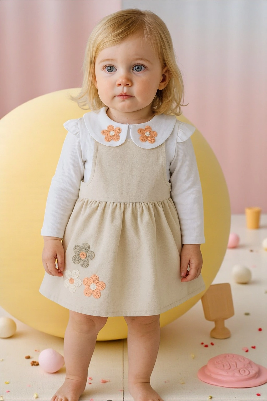 Çiçek Nakışlı Kız Çocuk Elbise Bej