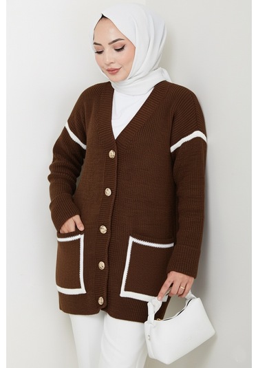 İlge Düğmeli Triko Hırka 1597 - Kahve Kahve