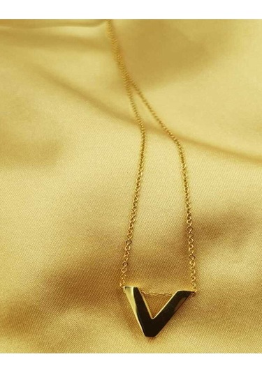 Vog Kişiye Özel Üç Boyutlu Çelik V Harf Sarı Renkdeniz Ve Havuz Suyuna Dayanıklı Paslanmaz Kolye Sarı