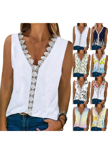 V Yaka Dantel Çiçek Baskı Yaz Bluzlar Kadın 2023 Kolsuz Rahat Gömlek Üstleri Kadın Moda Zarif T Gömlek Kadın Giyim 24858 Floral