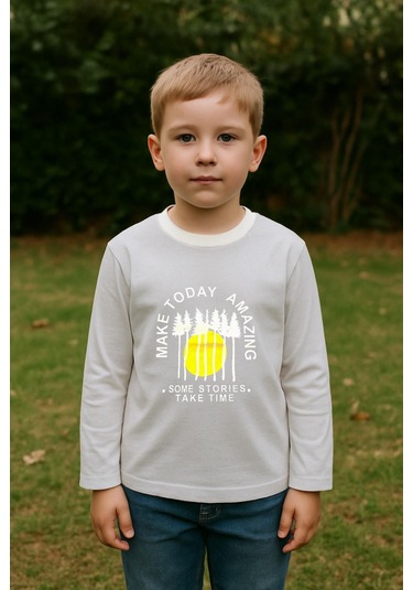 Erkek Çocuk %100 Pamuk Baskılı Uzun Kollu Tişört - Taş 3-4 Yaş 8-9 Yaş Taş Rengi