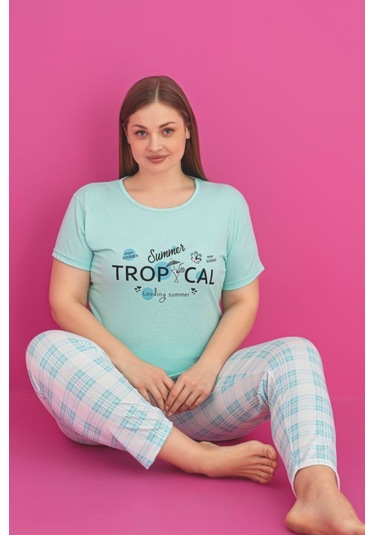 X-dreamy Büyük Beden Pamuklu Ekose Kareli Kısa Kollu Pijama Takımı Mavi