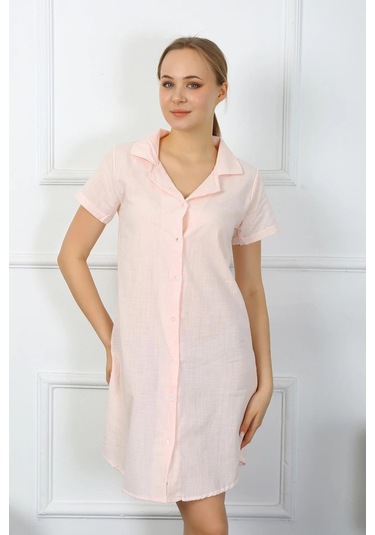 Giyim Kadın Pamuk Keten Kısa Kol Düğmeli Pudra Tunik Gecelik Pudra