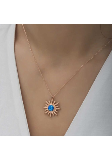 925 Ayar Gümüş Rose Mi Opal Taşlı Güneş Kadın Kolye