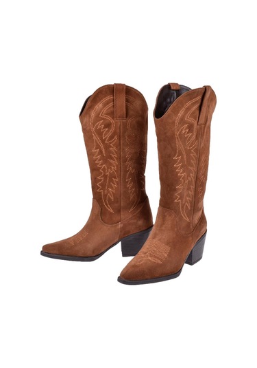 Pullman Hakiki Deri İşlemeli Western Kadın Çizme Plm-011 Taba Süet TABA SÜET