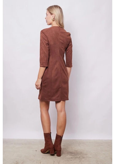 Kadın Kadife Likralı Yumuşak Dokulu Kruvaze Kapri Truvakar Kol Kolu Yırtmaçlı Ofis Ceket Elbise-fındık Kabuğu Fındık Kabuğu