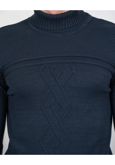 Erkek Tam Boğazlı Örgü Desenli Slim Fit Kazak Ncs Jeans 3659-Lacivert