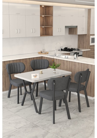 Gnr 70x110cm Sabit Beyaz Mutfak Masası Takımı, Yemek Masası, 4 Modern Antrasit Sandalye Antrasit
