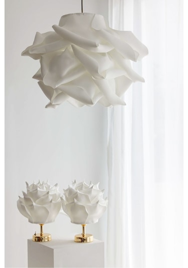 2'li Dekor Yapay Eva Gül Kablosuz Masa Lambası Üst Beyaz-alt Parlak Gold 9v Kare Pil 2 Adet