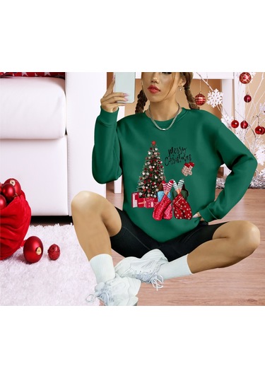 Supplierby Kadın Yılbaşı Özel Uzun Kollu Bisiklet Yaka Viskon Iki Iplik Bluz Yeşil