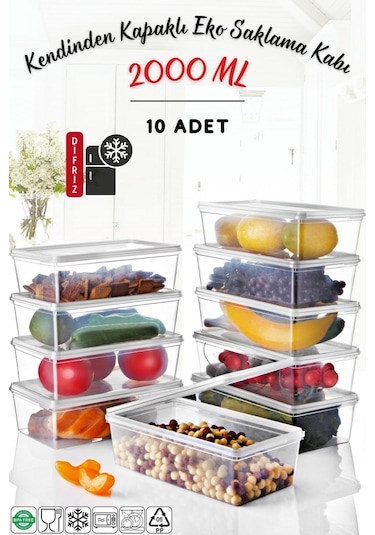 Nandy Home Kendinden Kapaklı Derin Dondurucuya Uygun Saklama Kabı 10 Adet 2 L Şeffaf