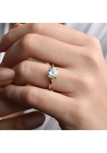 14 Ayar Altın Kaplama Yuvarlak Kesim Tektaş Gümüş Yüzük - Rs00101 Altın