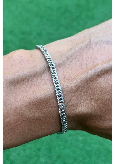 İnce Yassı Sık Zincirli Spor Erkek Çelik Zincir Bileklik 3mm 21cm Eck13b Gümüş