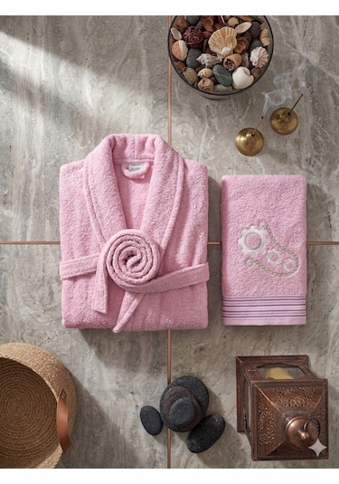 Premium 2'li Aile Bornoz Seti Çeyizlik Pamuklu Hediyelik Banyo Takımı L/xl Leylak